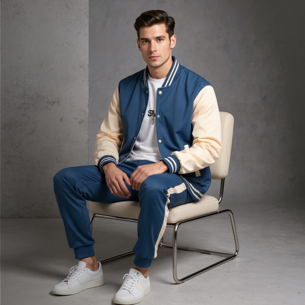 Man sitting on a chair wearing a blue and beige varsity jacket with matching pants.
