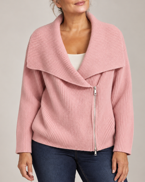 Women's pink ribbed cardigan detail view — cozy — Tara Oversized Zip Cardigan — Sonverdano