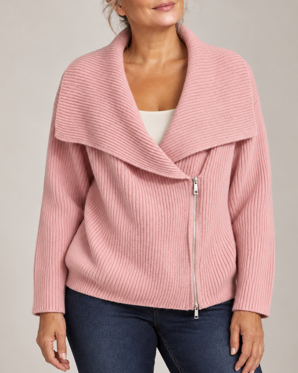 Women's pink ribbed cardigan detail view — cozy — Tara Oversized Zip Cardigan — Sonverdano