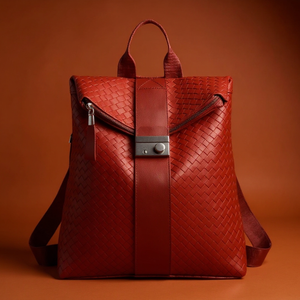 Red woven leather backpack on a brown background