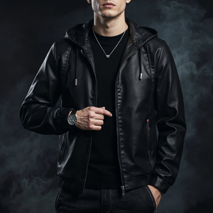 Man wearing a black leather jacket against a dark background