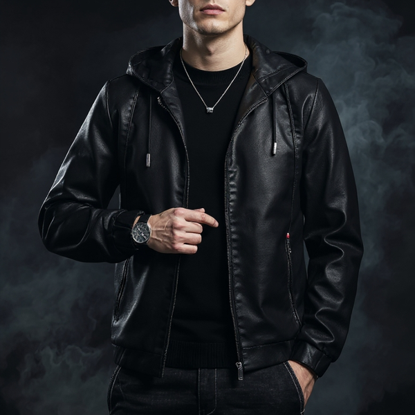 Man wearing a black leather jacket against a dark background