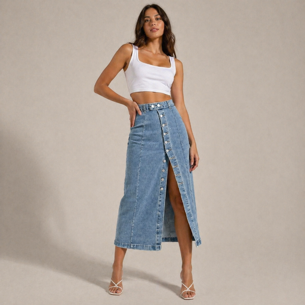 Women's denim skirt detail view — chic — Dea Bella Denim Skirt for every occasion — Sonverdano