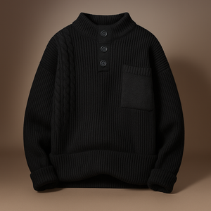 Black ribbed sweater with button details on a brown background