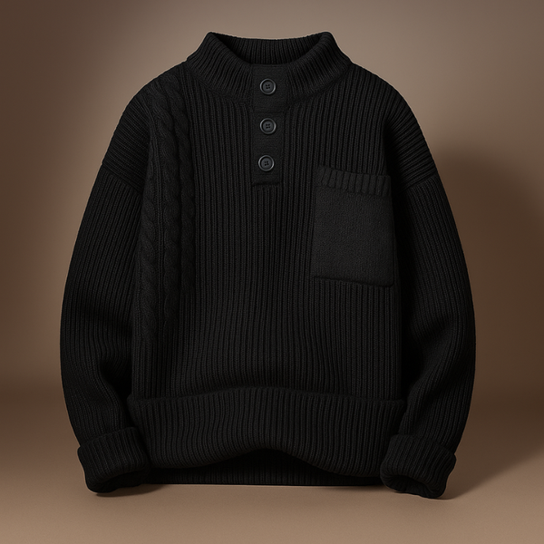 Black ribbed sweater with button details on a brown background