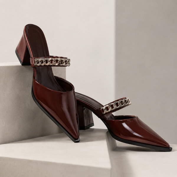 Women's heels alternate angle — elegant — Cassandra Pointed Toe Chain Mules — Sonverdano