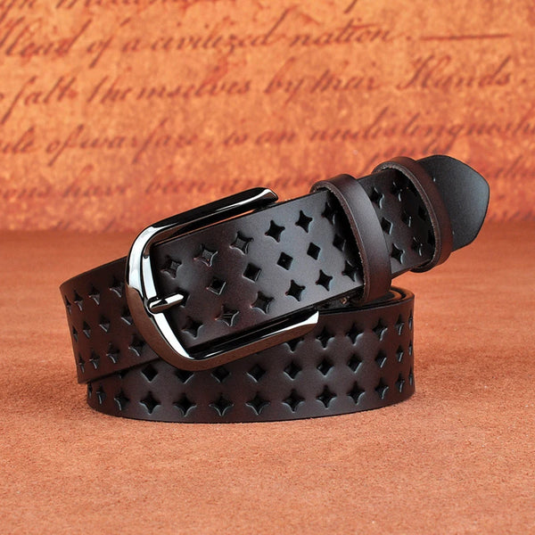 Women's coffee leather belt color detail — everyday — Constellation Leather Belt — Sonverdano
