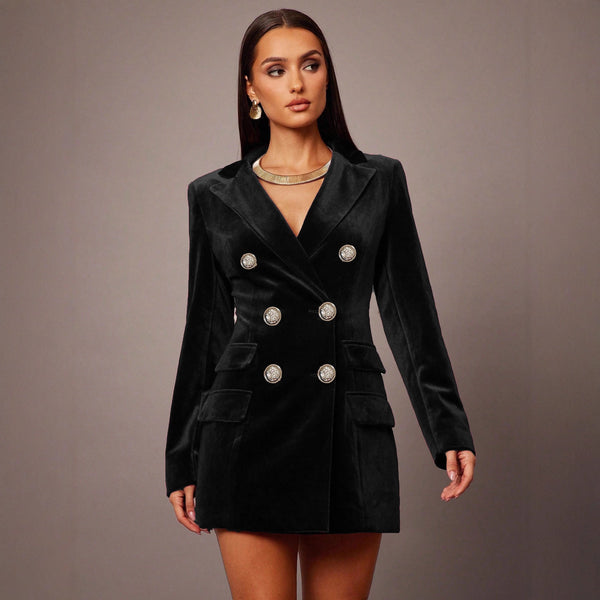 Velvet Double-Breasted Blazer Dress Dark Green / M Velvet Double-Breasted Blazer Dress Dark Green / M