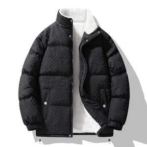Black puffer jacket on a white background