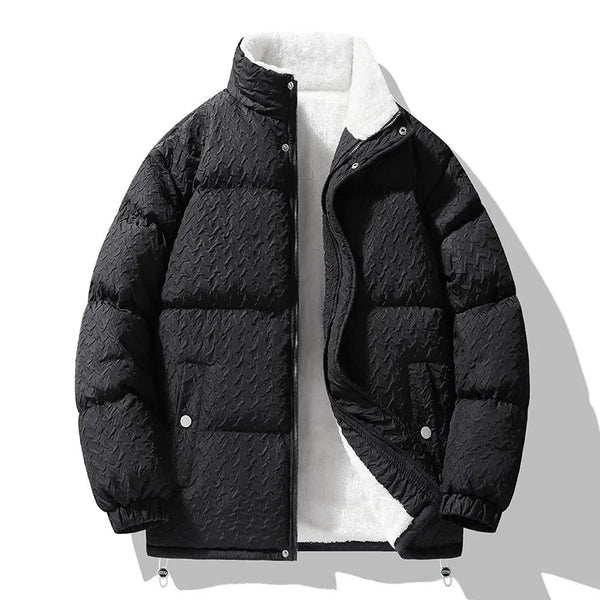 Black puffer jacket on a white background