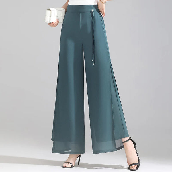 Teal wide-leg pants worn by a person on a gray background