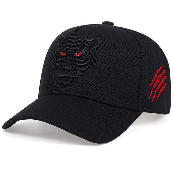Black cap with tiger emblem and red accents on a white background
