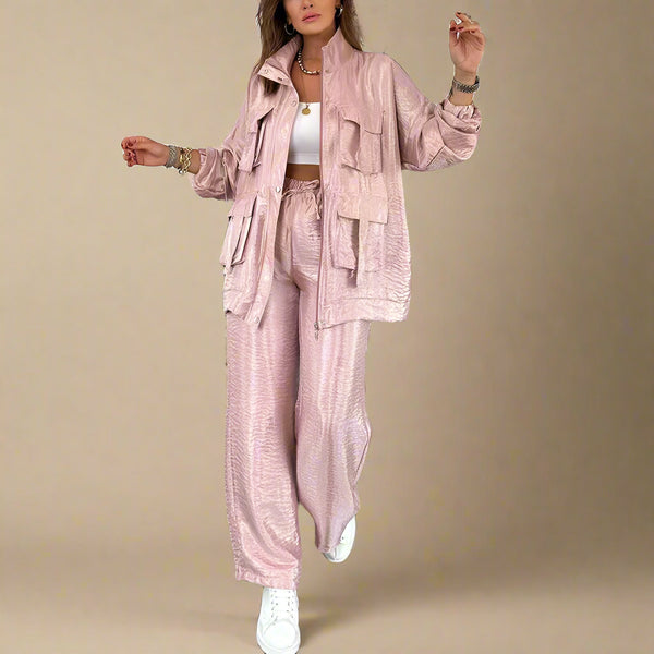 Woman wearing a pink outfit in an indoor setting