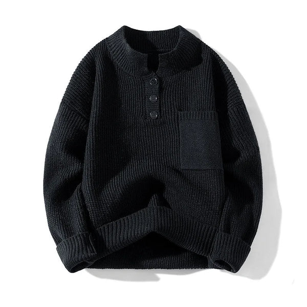 Black knitted sweater with button details on a white background