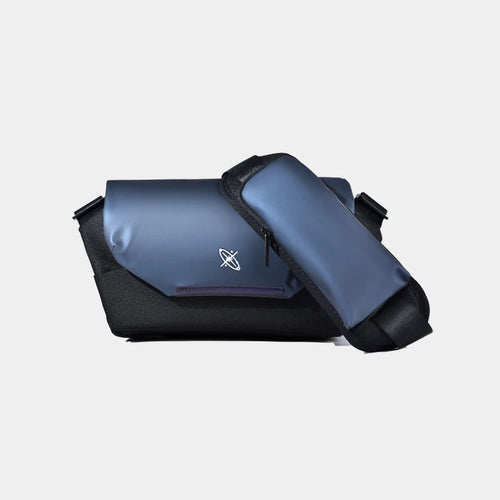 Blue and black bag with a logo on a light gray background