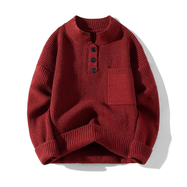 Red knitted sweater with buttons on a white background