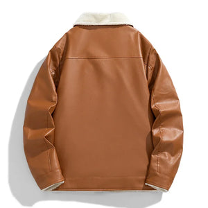 Brown leather jacket with white fur lining on a white background