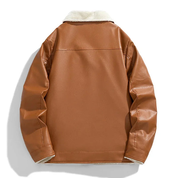 Brown leather jacket with white fur lining on a white background