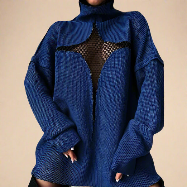 Blue knit sweater with mesh panel on a white background