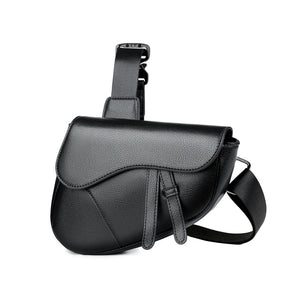 Black leather crossbody bag on a white background