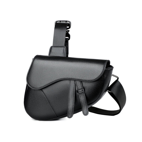 Black leather crossbody bag on a white background