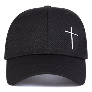 Black cap with a white cross emblem on a white background