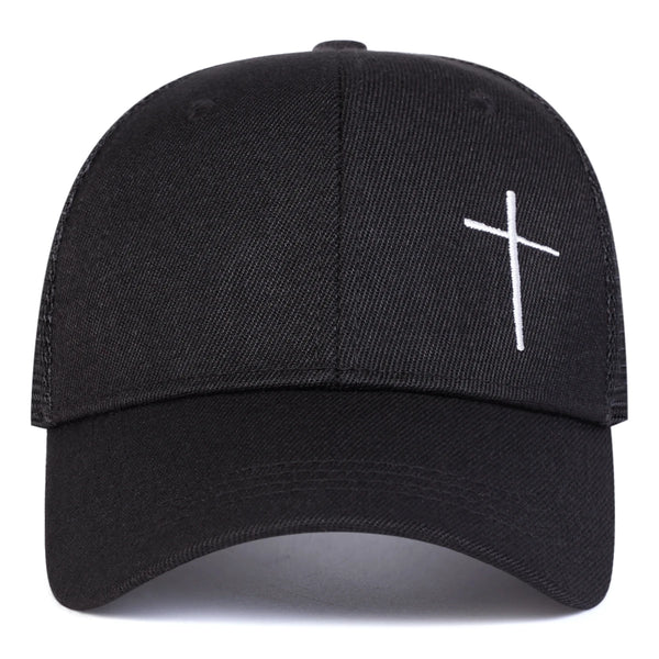 Black cap with a white cross emblem on a white background