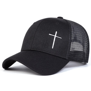 Black cap with a white cross on a white background