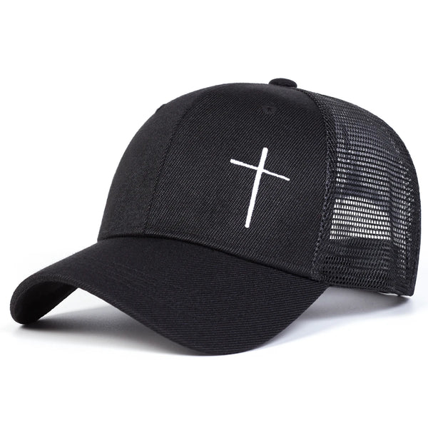 Black cap with a white cross on a white background