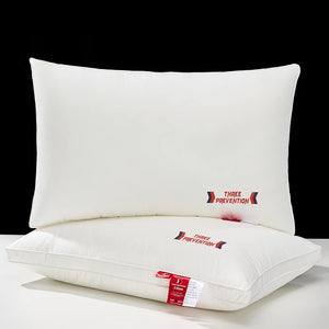 Two white pillows with 'Three Prevention' branding on a black background