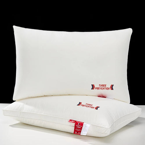 Two white pillows with 'Three Prevention' branding on a black background