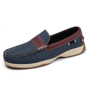 Blue and brown loafer shoe on a white background