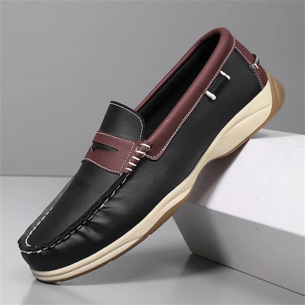 Black and brown loafer shoe on a gray background