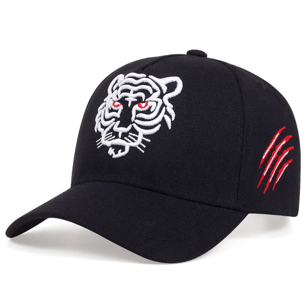 Black cap with white tiger emblem and red accents on a white background