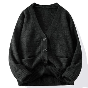 Dark gray cardigan with buttons on a white background