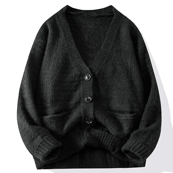 Dark gray cardigan with buttons on a white background