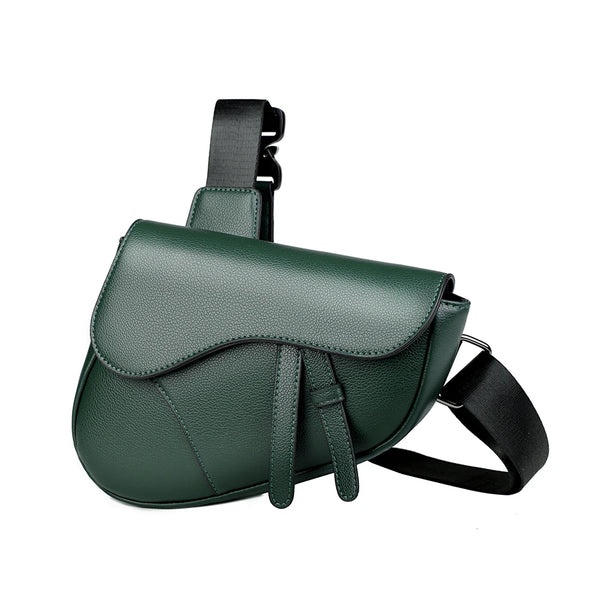 Green leather saddle bag with a black strap on a white background