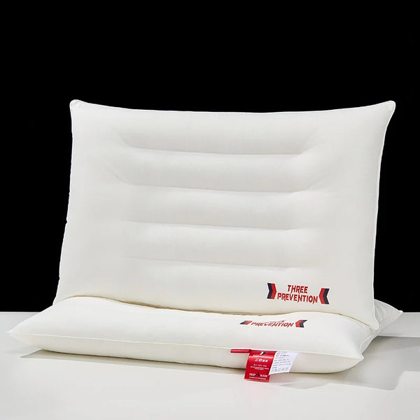 White pillow with 'Three Prevention' label on a white background
