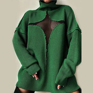 Green knit sweater with mesh panel design on a neutral background