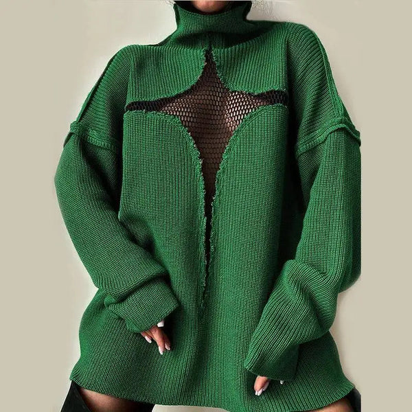 Green knit sweater with mesh panel design on a neutral background