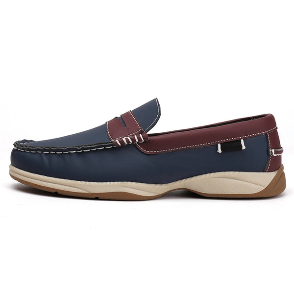 Blue and brown loafer shoe on a white background