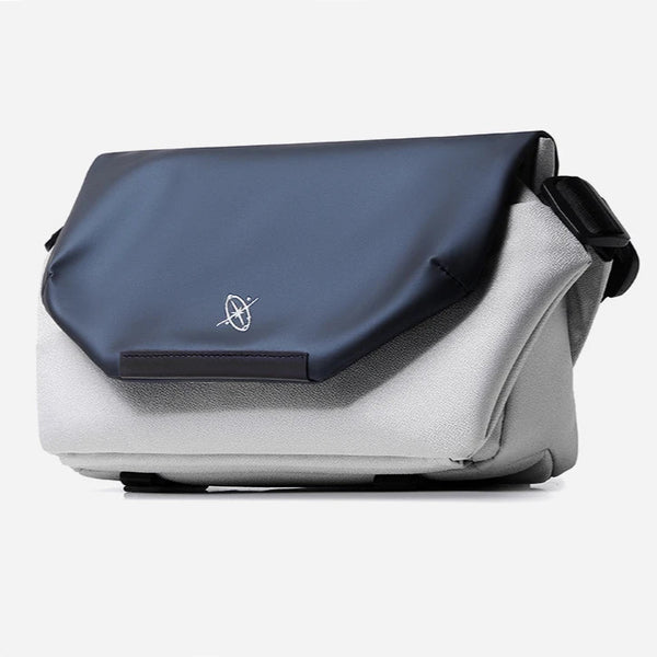 Two-toned bag with a logo on a white background