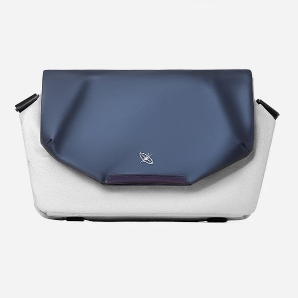 White and blue bag with a logo on a white background