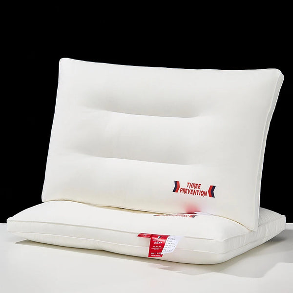 White pillow with a brand label on a black background