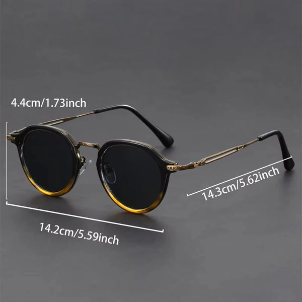 Sunglasses with dimensions labeled on a dark background