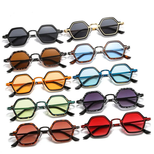 Collection of colorful hexagonal sunglasses on a white background