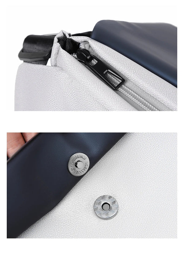 Close-up of a bag with a zipper and brand logo, featuring text about the product's features. 