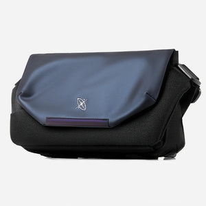 Black and blue messenger bag with a brand logo on a white background