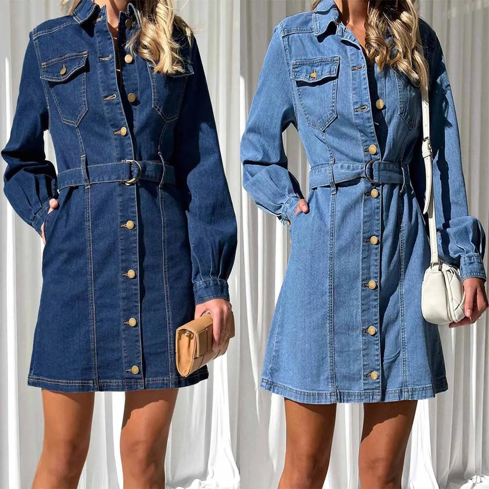 Two views of a person wearing a denim dress against a neutral background