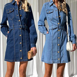 Two views of a person wearing a denim dress against a neutral background